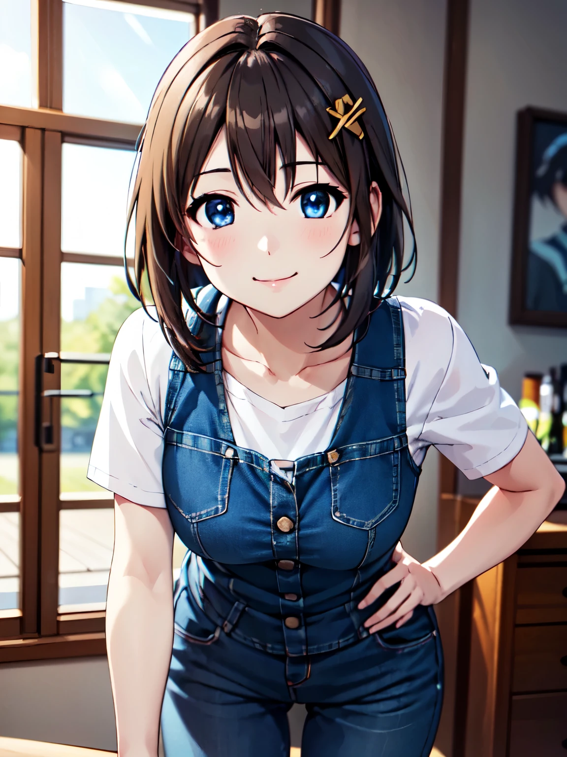 (Moe:1.10)、Very detailed,solo,big eyes、Shooting from the front、hayate yagami、Standing、smile、In jeans、hair ornaments、smile、Closed Mouth、One Girl,Absolute reference to the center、4K,8k、shirt、、 Perfect lighting, Extremely detailed CG、High resolution、超High resolution、Physically Based Rendering(Genuine、Realistic、Realistic)、Cowboy Shot、(Anime illustration style:1.2)、Leaning forward