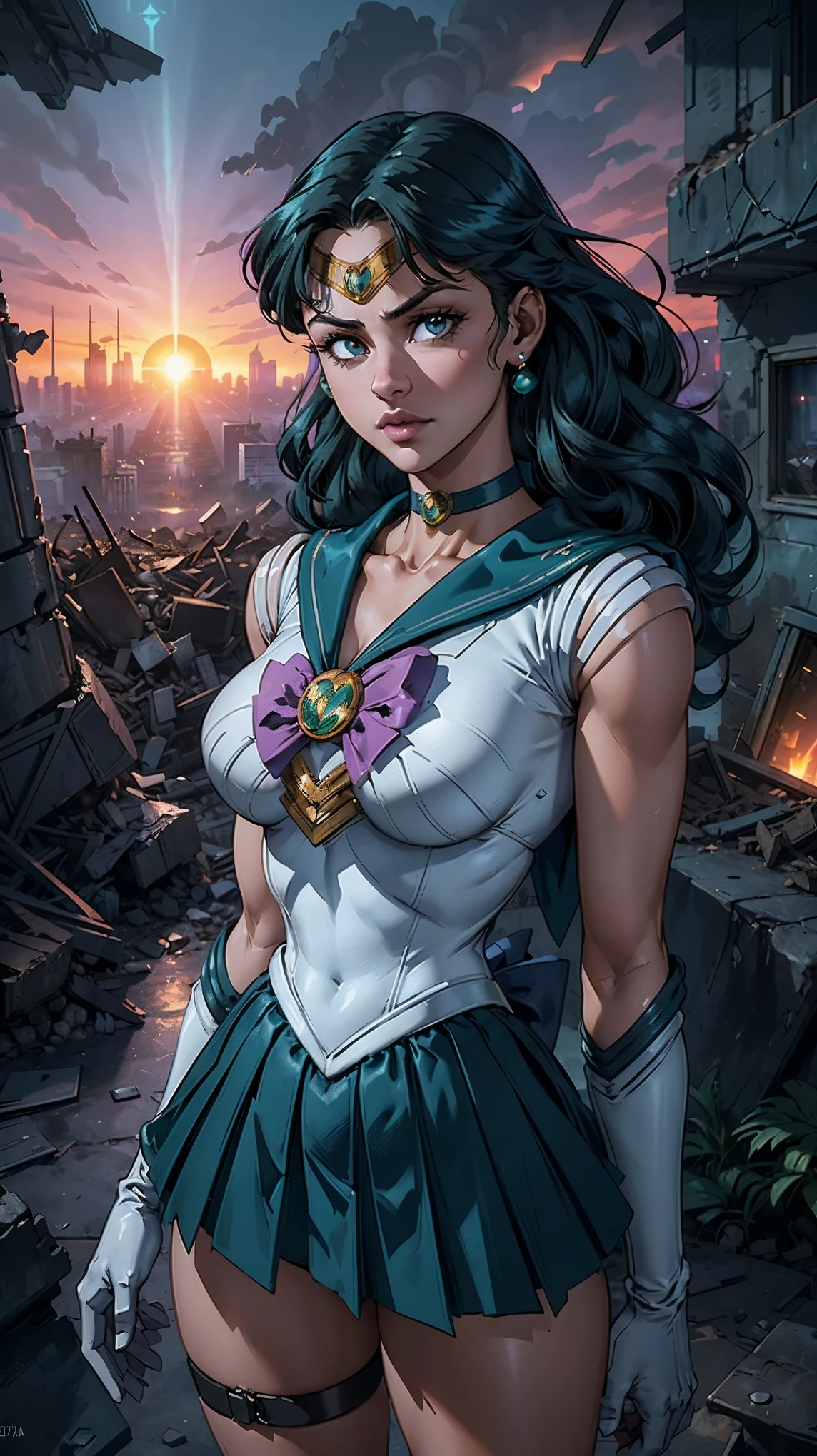 (La Best Quality,A high resolution,Ultra - detailed,actual),Selena Gomez ,(Cyberpunk ruined dungeon ruins background :1.4 ), (Uniformes de sailor moon senshi:1.4), dark green hair, medium hair, Supplicant skirt, (White elbow gloves:1.1), joya, medium chest, dynamic background, dynamic posture,More detailed 8K.unreal engine:1.4,HD,La Best Quality:1.4, photorealistic:1.4, skin texture:1.4, Masterpiece:1.8,Masterpiece, Best Quality,object object],(Apocalyptic city destroyed:1.7), choker, (White glove:1.4), choker verde, Elbow Groves, joya,(sunset background:1.4),(sailor moon Neptune:1.4),(cowboy pose :1.4) ,( cyberpunk 2.1), (kawaii style :1.4), ,(Cyberpunk ruined dungeon ruins background :1.4 ), (cinematic lighting :1.4), (perfect anatomy V2.1), (looking at viewer:1.25), (Selena Gomez :1.4), (Selena Gomez V2.1), (neon cyberpunk V2.1), (skirt lifted by itself: 1.1), (skirt lift: 1.3), (showing white panties: 1.3), (ultra detallado V2.1), (ultra detallado :1.4), , (Sailor Moon - Sailor Neptune V2.1), (skirt lifted by itself: 1.1), (skirt lift: 1.3), (showing white panties: 1.3), More detailed 8K.motor irreal:1.4,UHD,La mejor calidad:1.4, fotorrealista:1.4, textura de la piel:1.4, obra maestra:1.8,obra-prima, mejor calidad,objeto Objeto], (detailed face features:1.3),(Las proporciones correctas),(Ojos hermosos),  (pose vaquero),( face detailed Selena Gómez :1.4) 