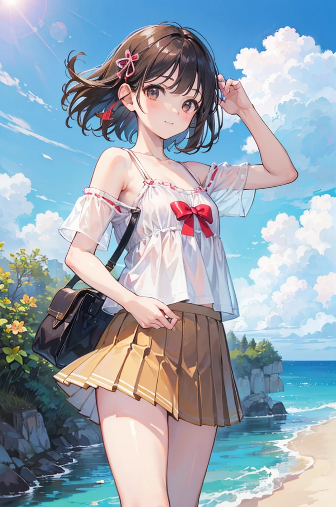 (masterpiece), (Highest quality), (High resolution),Realistic skin texture, Perfect Face, Realistic, Perfect hands, Perfect finger count, Japanese, Girl, (12 years old), Big Eyes, Brown eyes, Brown Hair, bangs, short hair, Hair Ribbon, Small face, smile, , ((Short camisole, Low-rise mini pleated skirt)), Cute standing pose, Alley, Blue sky and clouds, Hair blowing in the wind