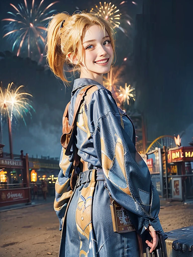 ((masterpiece:1.5)), 1woman, 20years old, blonde hair, short hair, ponytail, ((cowboy shot:1.2)), ((smile)), looking back, ((amusement park)), ((fireworks)), Korean