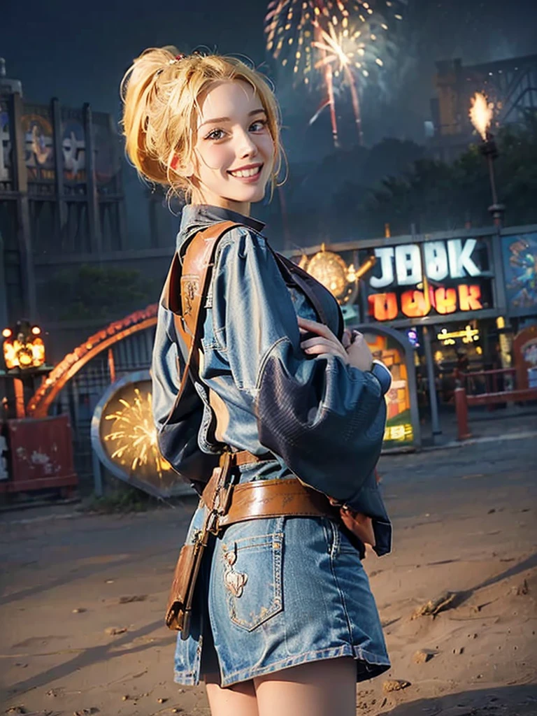 ((masterpiece:1.5)), 1woman, 20years old, blonde hair, short hair, ponytail, ((cowboy shot:1.2)), ((smile)), looking back, ((amusement park)), ((fireworks)), Korean