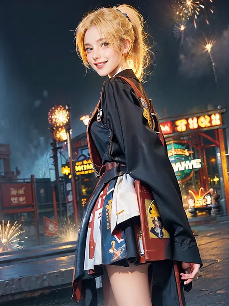 ((masterpiece:1.5)), 1woman, 20years old, blonde hair, short hair, ponytail, ((cowboy shot:1.2)), ((smile)), looking back, ((amusement park)), ((fireworks)), Korean