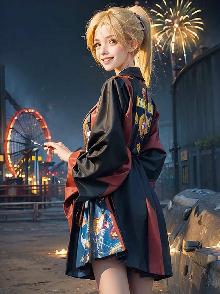 ((masterpiece:1.5)), 1woman, 20years old, blonde hair, short hair, ponytail, ((cowboy shot:1.2)), ((smile)), looking back, ((amusement park)), ((fireworks)), Korean