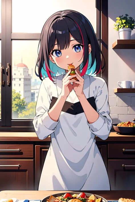 anime girl eating pizza in kitchen with city view in background