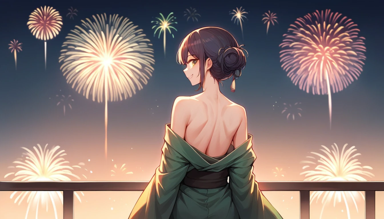 score_9, score_8_up, score_7_up, source_anime, from behind, solo, 1girl, odelschwanck, smile, looking back, green kimono, off shoulder, bare shoulders, backboob, Fireworks