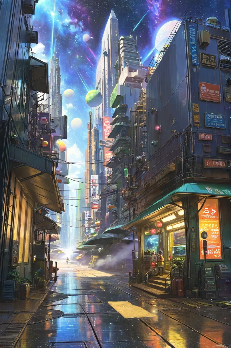 Star Farm City, Sci-fi decopunk paintings of the distant future by Greg Manchez and Makoto Shinkai, Trending on Art Station, [:Vivid digital painting:0.4]