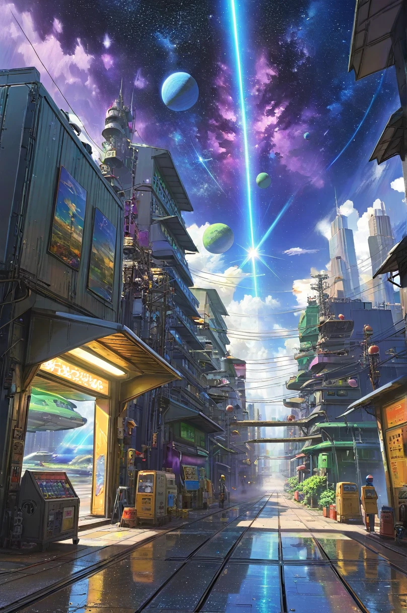 Star Farm City, Sci-fi decopunk paintings of the distant future by Greg Manchez and Makoto Shinkai, Trending on Art Station, [:Vivid digital painting:0.4]