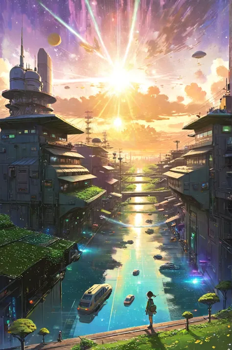 Star Farm City, Sci-fi decopunk paintings of the distant future by Greg Manchez and Makoto Shinkai, Trending on Art Station, [:V...