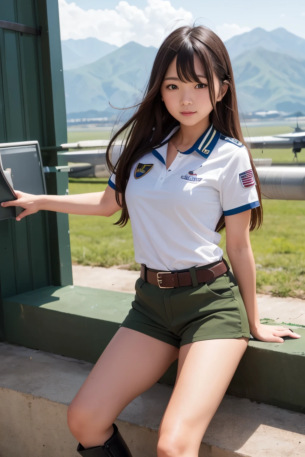 One girl、Semi-long hair（brown）、Air Force uniform（Moss Green）、Patch on shoulder、belt、Shorts（Moss Green）、short boots（濃いbrown）、Are standing、F2 Fighter、Air Base、Control Tower
