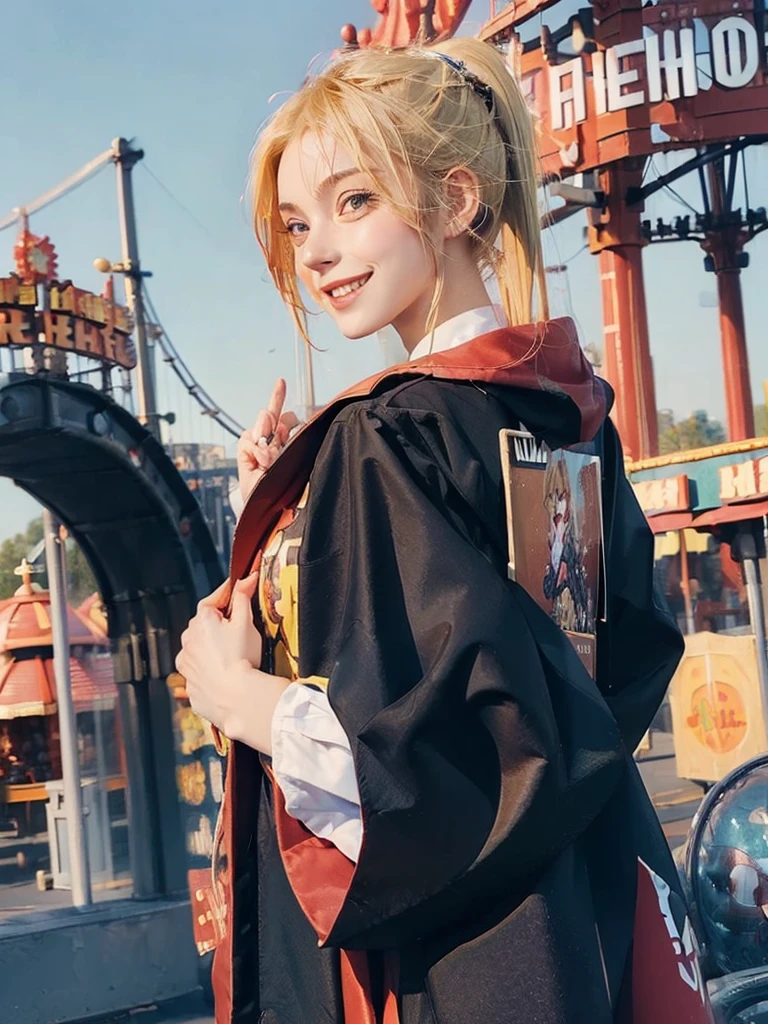 ((masterpiece:1.5)), 1woman, 20years old, blonde hair, short hair, ponytail, ((upper body:1.2)), ((big smile)), looking back, ((amusement park))