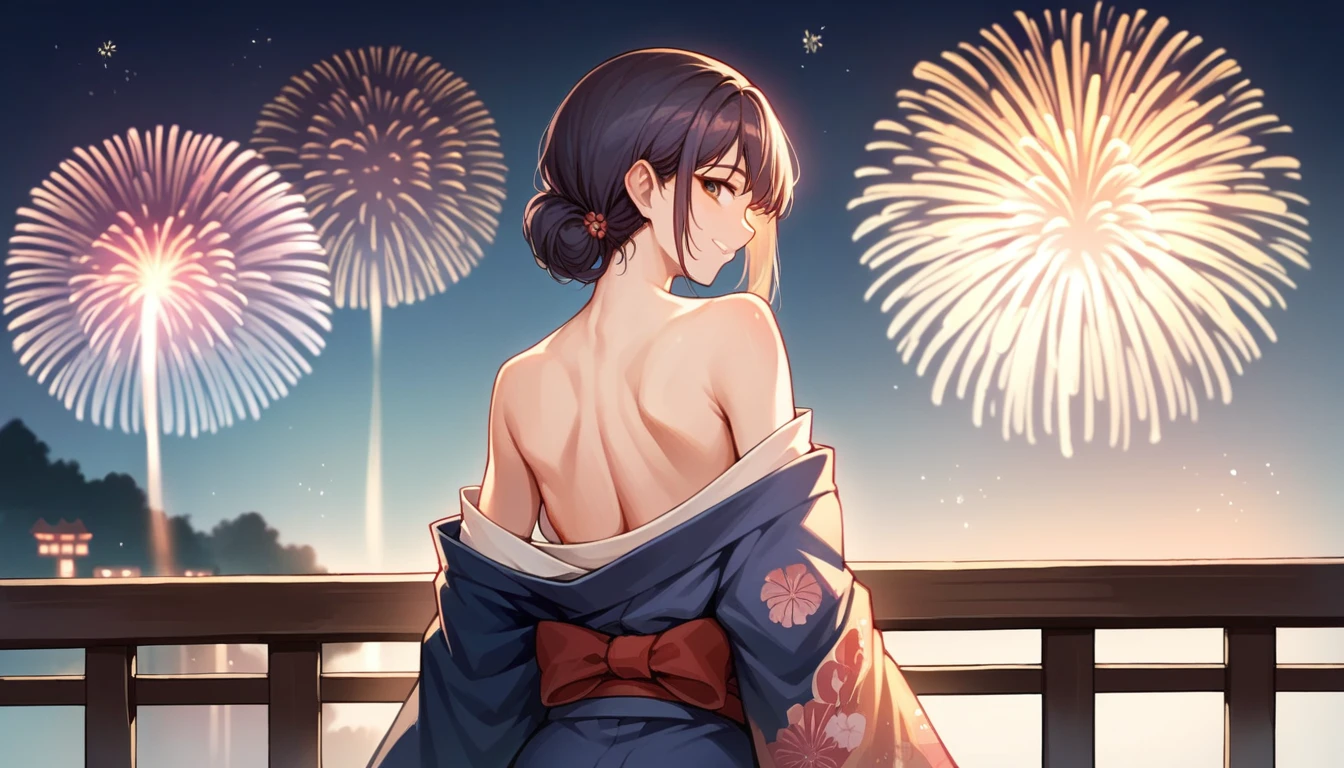 score_9, score_8_up, score_7_up, source_anime, from behind, solo, 1girl, odelschwanck, smile, looking back, random color kimono, off shoulder, bare shoulders, backboob, Fireworks