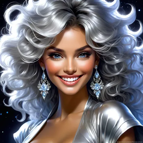Beautiful smiling goddess in a silver outfit, Hyperrealistic-surreal and fantasy composition, Perfect and dynamic digital painti...