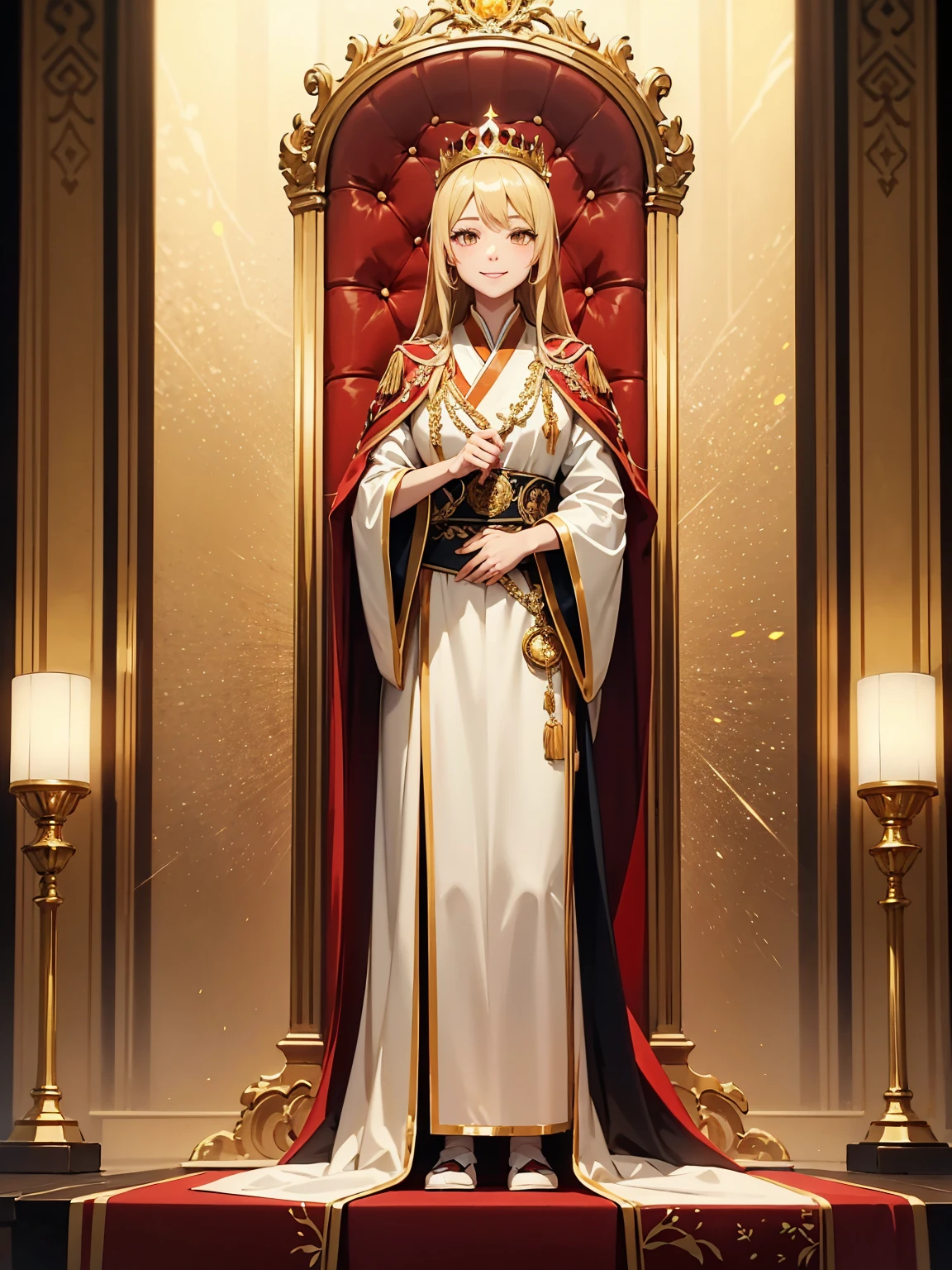 masterpiece, best quality, lineart, anime screencap, sketch, (1girl), blonde hair, long hair, brown eyes, bright pupils, sparkling eyes, solo, royal clothes, royal robes, embroidered robes, ornate clothes, intricate robes, crown, standing, smile, ((standing beside throne)), standing next to an empty throne, looking at viewer, light particles, scenery, throne room, indoors, throne, ((empty throne)), red carpet, ornate throne, 