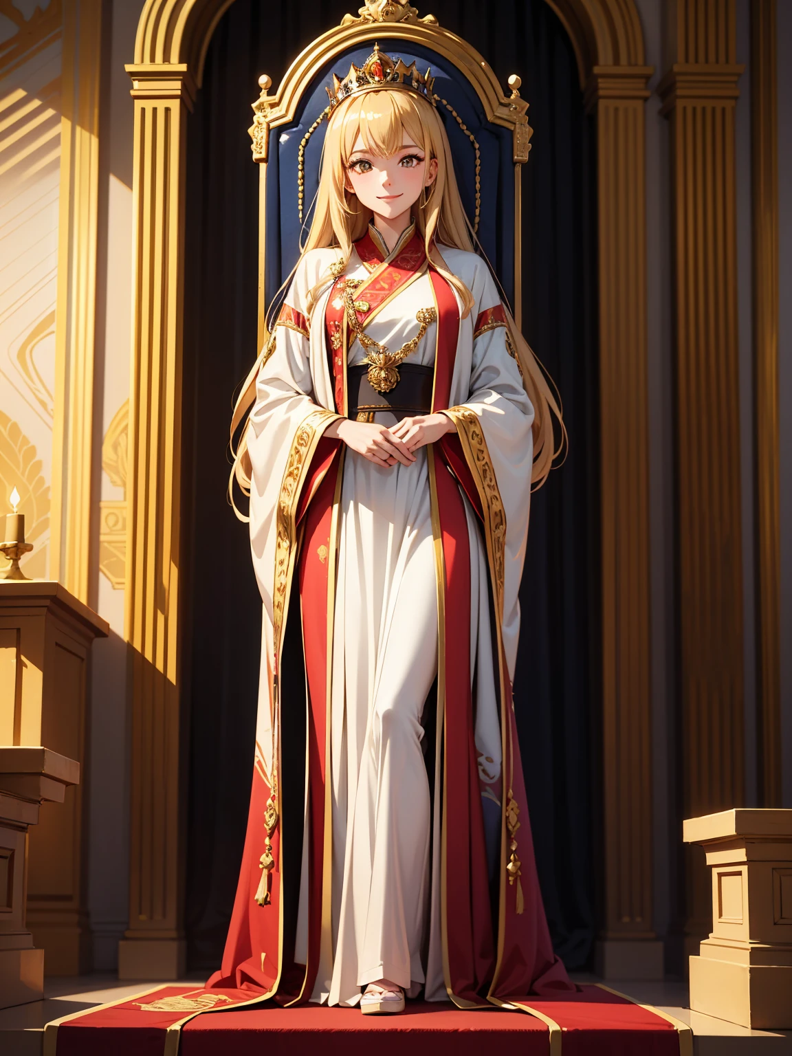 masterpiece, best quality, lineart, anime screencap, sketch, (1girl), blonde hair, long hair, brown eyes, bright pupils, sparkling eyes, solo, royal clothes, royal robes, embroidered robes, ornate clothes, intricate robes, crown, standing, smile, ((standing beside throne)), standing next to an empty throne, looking at viewer, light particles, scenery, throne room, indoors, throne, ((empty throne)), red carpet, ornate throne, 