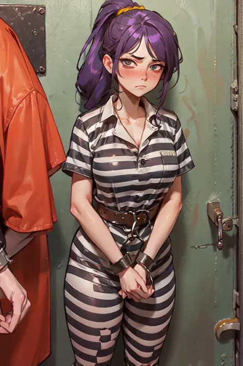 transport Belt, handcuffs, prison clothes, striped black and white prison jumpsuit, looking at viewer, serious, frown, blush, st...