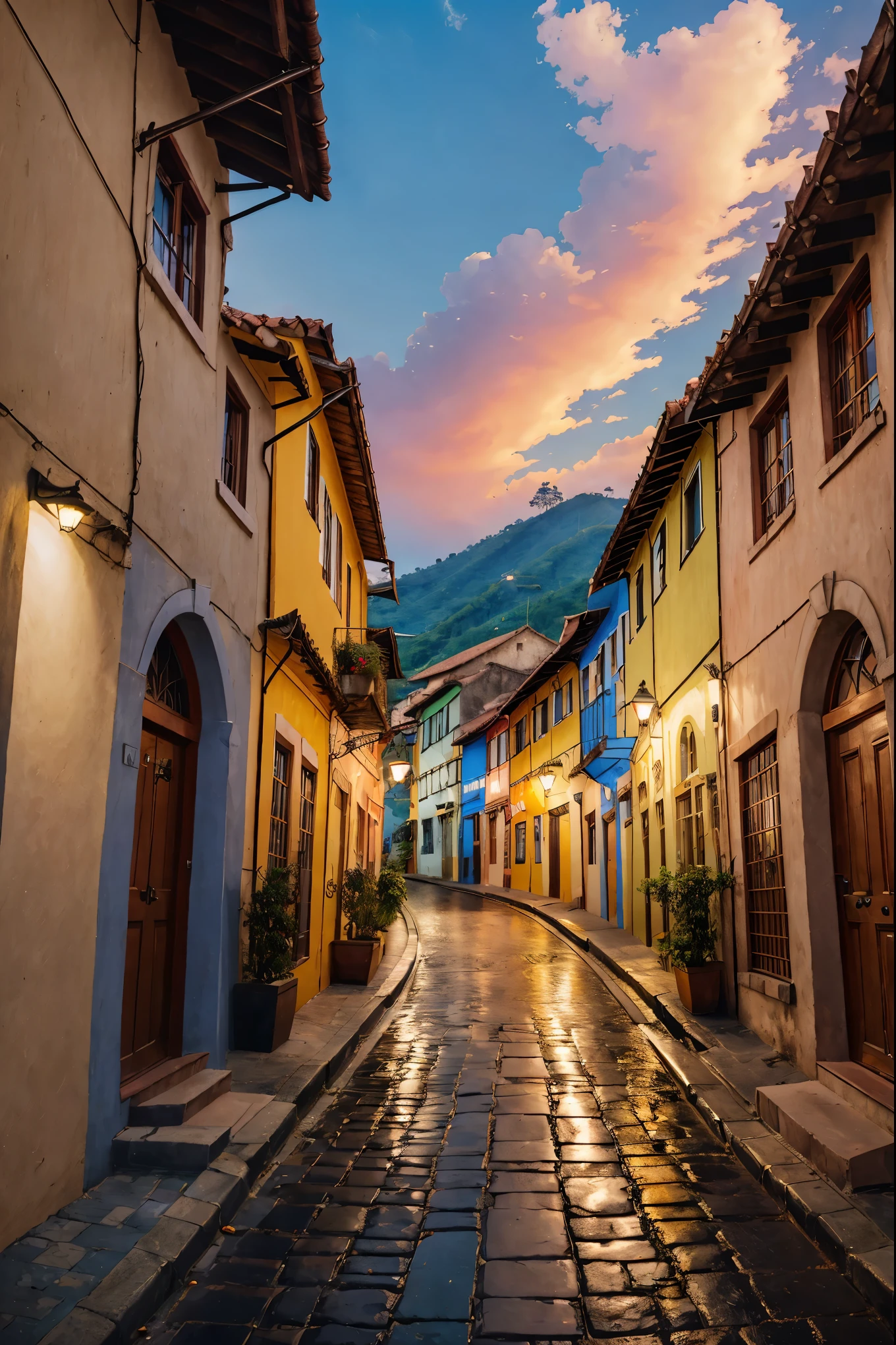 um beco colorido e lindo decorado com guarda-chuvas em Guatape, Antióquia, Colômbia, no pôr-do-sol, Muito detalhado, fotorrealista, 8K, Obra de arte, paisagem impressionante, cores vibrantes, iluminação dramática, arquitetura complexa, Ruas de paralelepípedos, edifícios pitorescos, guarda-chuva pendurado no teto, Céu crepuscular, iluminação quente, cena idílica, cidade pitoresca, destino da viagem, Detalhes vívidos, atmosférico, incrível