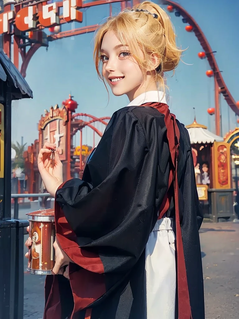 ((masterpiece:1.5)), 1woman, 20years old, blonde hair, short hair, ponytail, ((upper body:1.2)), ((big smile)), looking back, ((amusement park)), Korean