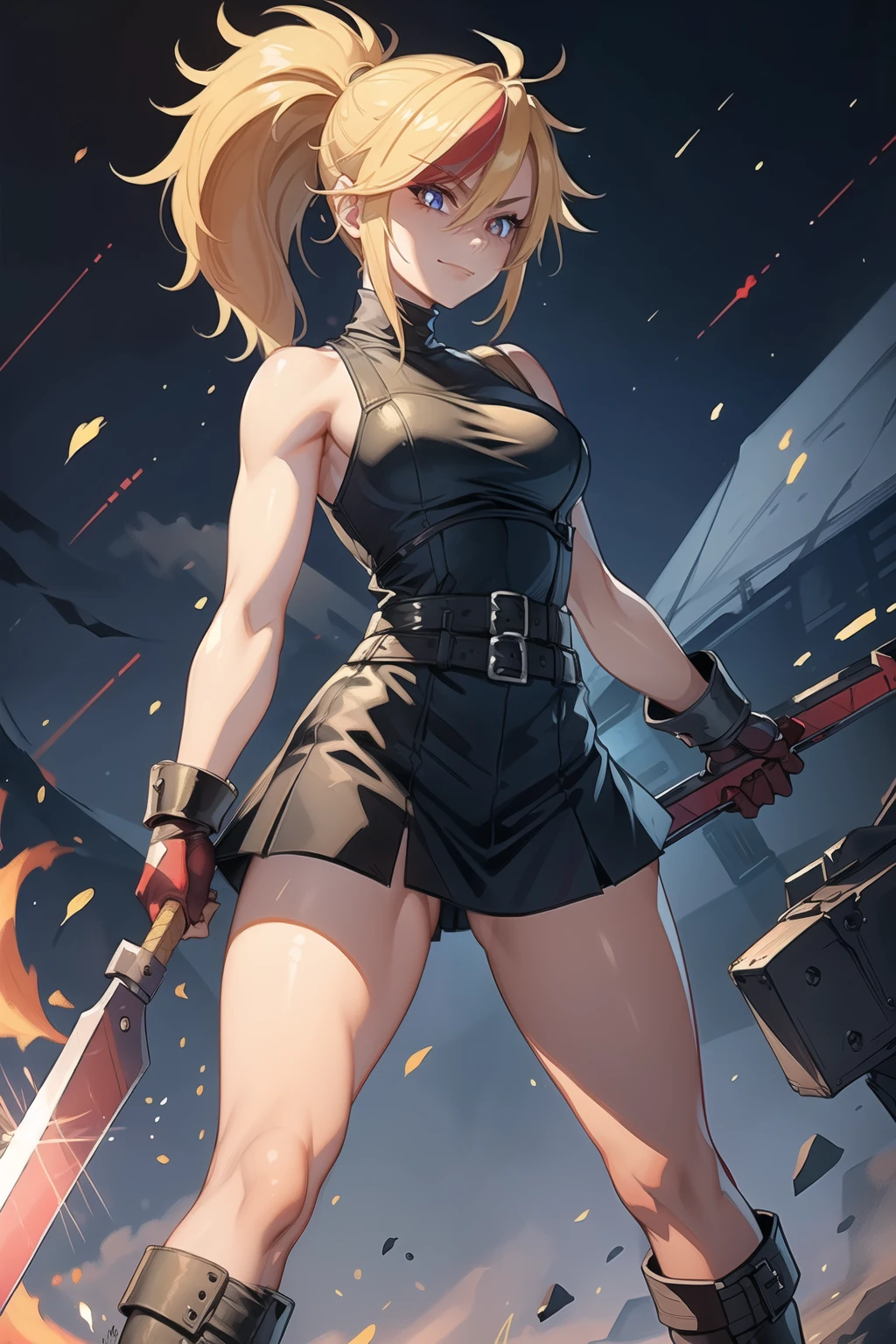 (masterpiece, best quality:1.2), red glowing eyes, perfect face, highres, 1 girl, solo, ultra long ponytail, (female:1.5), strife, blonde hair, shoulder armor, sleeveless turtleneck, suspenders, belt, gloves, bracer, evil smile, standing, portrait, looking at viewer, giant sword on the back, long leather boots, fullbody shot