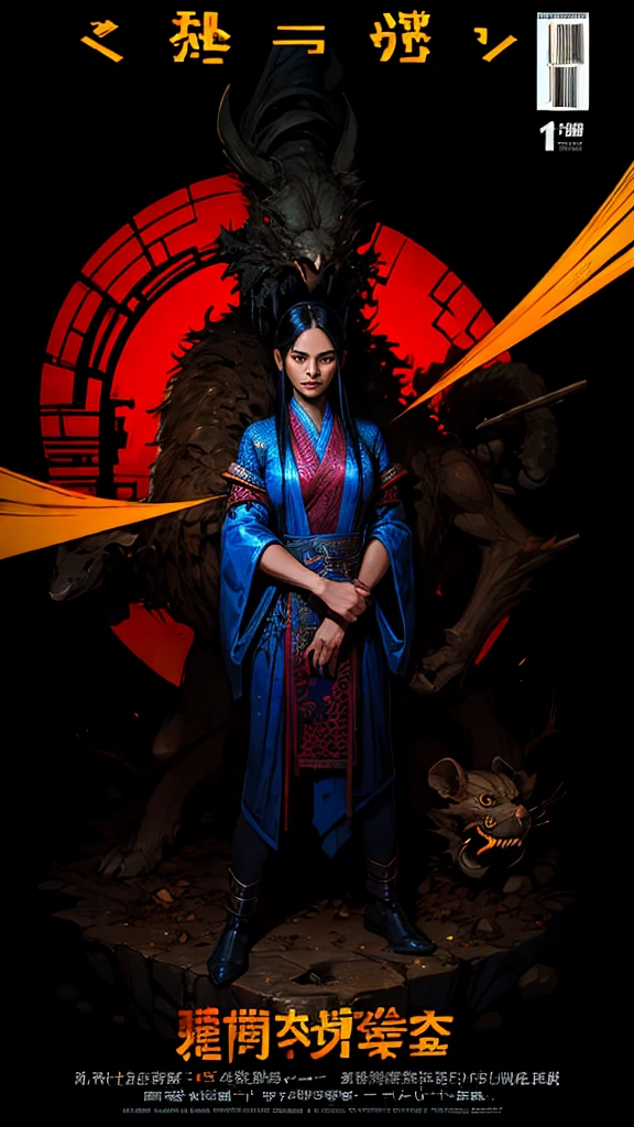 ((((Dramatic))), (((grittiness))), (((Intense))) The movie poster features a young woman as the central character。She stands confidently in the center of the poster，Wear Chinese warrior clothing，with a determined expression on her face。The background is dark and gritty，There is a sense of danger and a strong feeling。The text is bold and eye-catching，With catchy slogans，Adds to the overall drama and excitement，Dotted with bright colorake the poster dynamic and visually striking，tachi-e (Magazines:1.3), (Cover-style:1.3), Fashionab, woman, vibrant, Outfit, posing on a, Front,rich colourful，dyna，Background with，Chinese elements，self-assured，Expressing the，halter，statement，Attachment，A majestic，coil，Runt，Touching pubic area，Scenes，text，Cover of a，boldness，attention-grabbing，