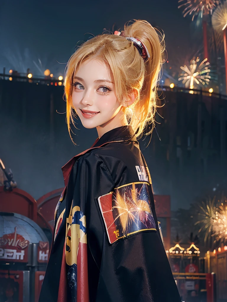 ((masterpiece:1.5)), 1woman, 20years old, blonde hair, short hair, ponytail, ((upper body:1.2)), ((smile)), looking back, ((amusement park)), ((fireworks)), Korean