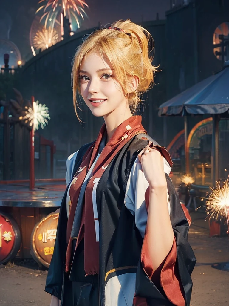 ((masterpiece:1.5)), 1woman, 20years old, blonde hair, short hair, ponytail, ((upper body:1.2)), ((smile)), looking back, ((amusement park)), ((fireworks)), Korean