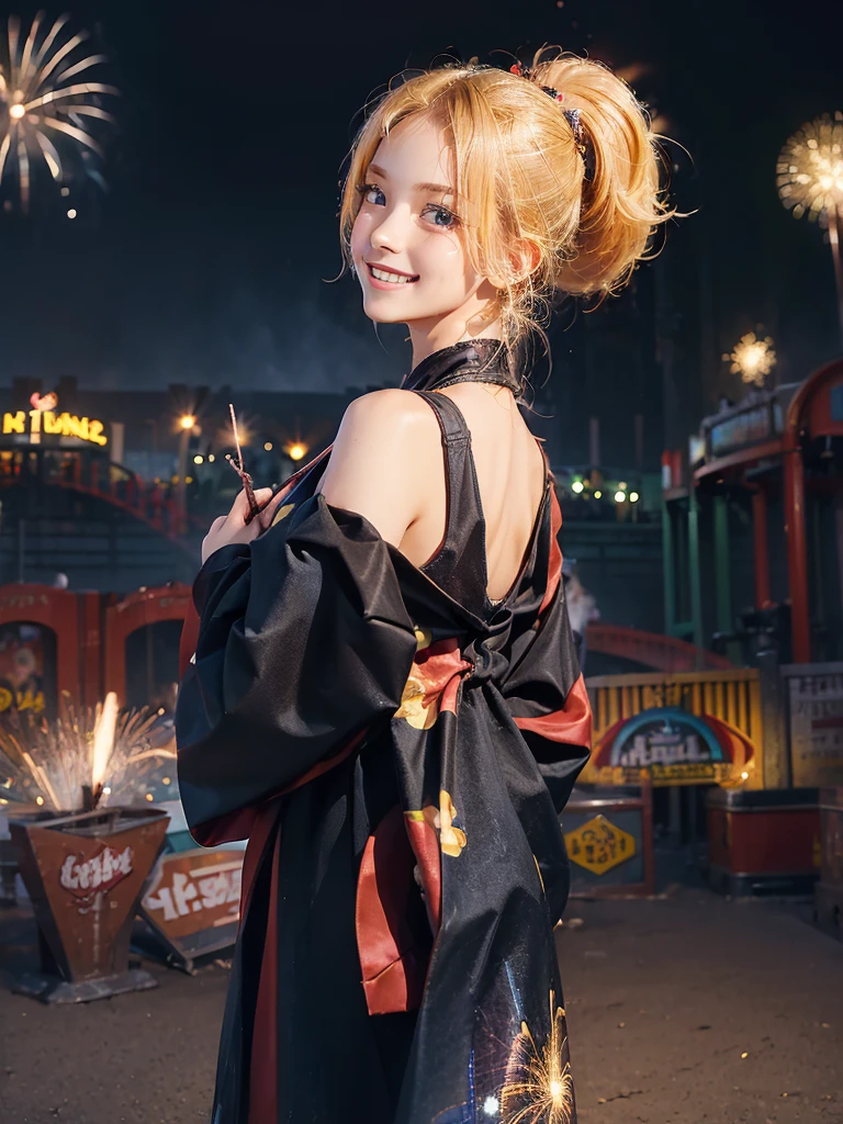 ((masterpiece:1.5)), 1woman, 20years old, blonde hair, short hair, ponytail, ((upper body:1.2)), ((smile)), looking back, ((amusement park)), ((fireworks)), Korean