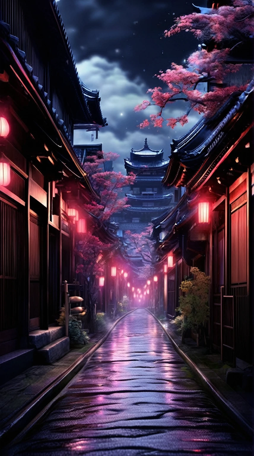 Paisaje misterioso de Gion en Kioto、de la máxima calidad、Ilustración 3DCG、arte digital、fantasía、neón