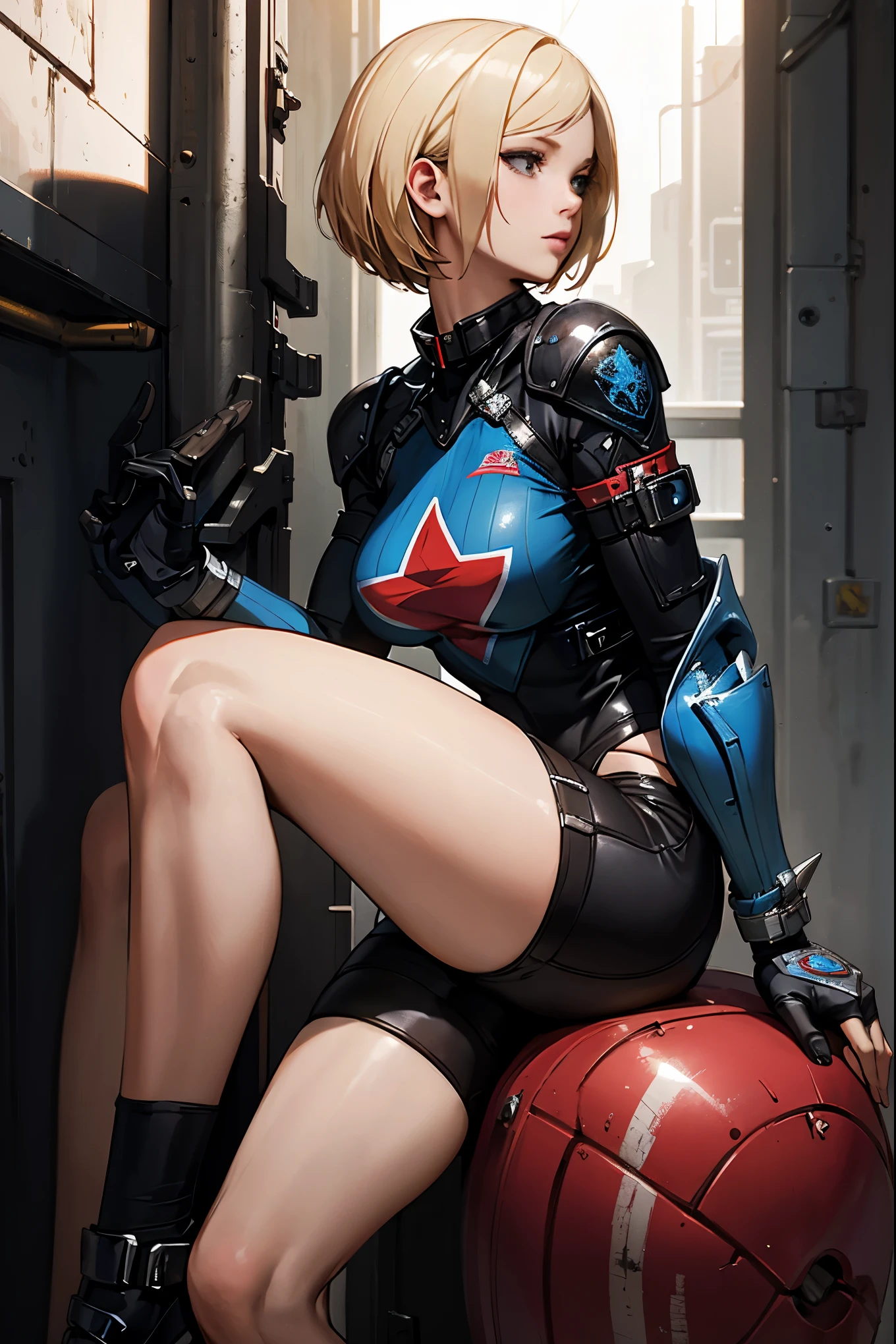 ((((closeup profile)))), (((anatomically correct body))), (((1 girl alone:1.6))), Ultra-realistic CG K ,((premium、8k、32k、Masterpiece)), (superfine illustration)、hyper detailed and beautiful eyes:1.4, (super high resolution), ((( short hair bob ))), 25 year old cyberpunk gladiator with perfect body, Shoulder pads with metal spikes., Gladiadores in Brooklyn, (( short hair bob )), Torn rugby team t-shirt, wild urban style by Simon Bisley, short blonde hair, Metallic protection on the left arm with complex graphics......, Dark red with white stars and blue and white stripes., armor, Full of spikes and rivets., poison tattoo (((Image from the knee up))), short white blonde hair, In the background、 There is a wall with an intricate design painted by Shepard Fairey......