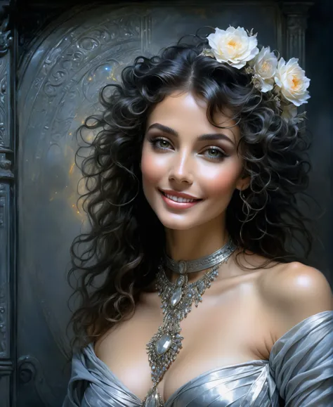 Beautiful smiling goddess in a silver outfit, Hyperrealistic-surreal and fantasy composition, Perfect and dynamic digital painti...