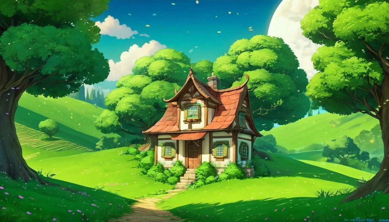 (anime, fantasy), (best quality, high resolution, depth of filed, HDR:1.2), (a humble small house in the hill, overlaying hill, trees, green), A mesmerizing fantasy with enchanting elements blending seamlessly, fantastical landscapes, vibrant colors, majestic, magical atmosphere, beautiful, extremely detailed, intricate, delicate, serene fantasy, bokeh, cinematic lighting, 8k, high quality