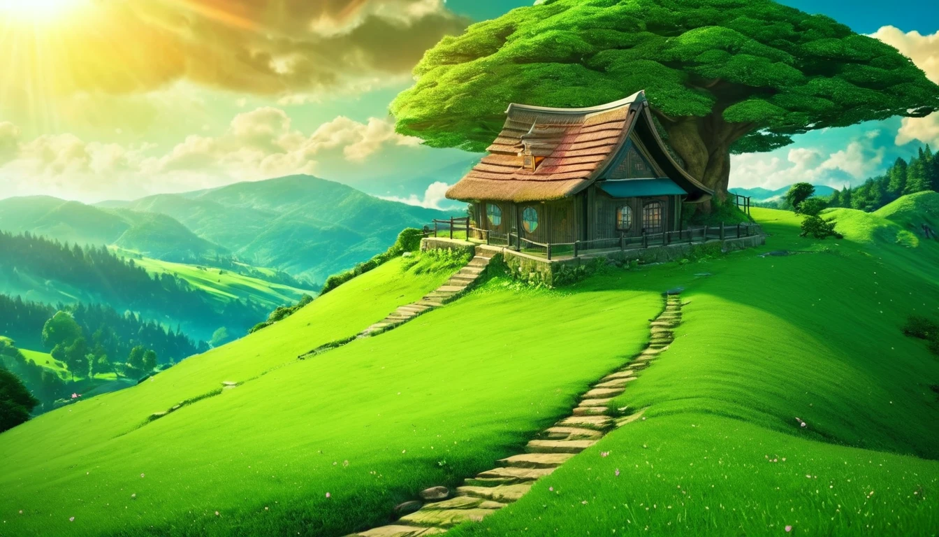 (anime, fantasy), (best quality, high resolution, depth of filed, HDR:1.2), (a humble small house in the hill, overlaying hill, trees, green), A mesmerizing fantasy with enchanting elements blending seamlessly, fantastical landscapes, vibrant colors, majestic, magical atmosphere, beautiful, extremely detailed, intricate, delicate, serene fantasy, bokeh, cinematic lighting, 8k, high quality