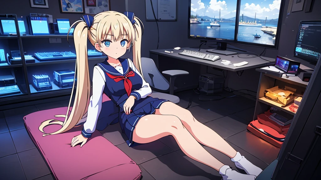 1 beautiful girl, great image quality with lots of detail, ray tracing, in a navy sailor , long stockings, blue eyes, white hair, , in a neon room, PC gaming, perfect anatomy, full body.