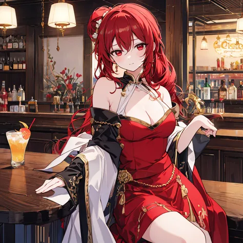 Anime style painting, An illustration, liquor, Woman sitting at a bar drinking a cocktail, 背景の棚には多彩な色のliquor瓶が並んでいる, Quiet bar, ...