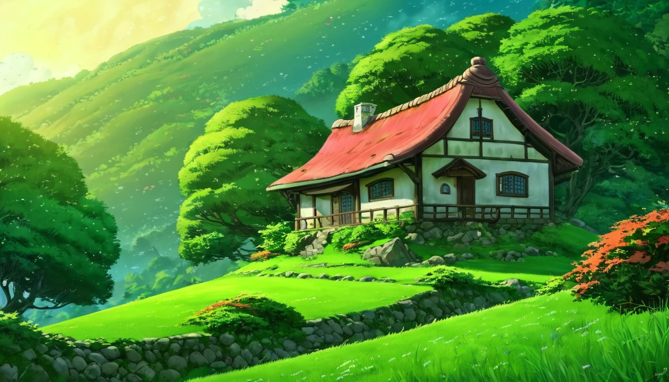 (anime, fantasia, Do Studio Ghibli), (melhor qualidade, Alta resolução, profundidade do arquivado, HDR:1.2), (uma humilde casinha no morro, colina sobreposta, árvores, verde), A mesmerizing fantasia with enchanting elements blending seamlessly, paisagens fantásticas, cores vibrantes, majestoso, atmosfera mágica, lindo, extremamente detalhado, Intrincado, delicado, serene fantasia, Bokeh, iluminação cinematográfica, 8K, alta qualidade