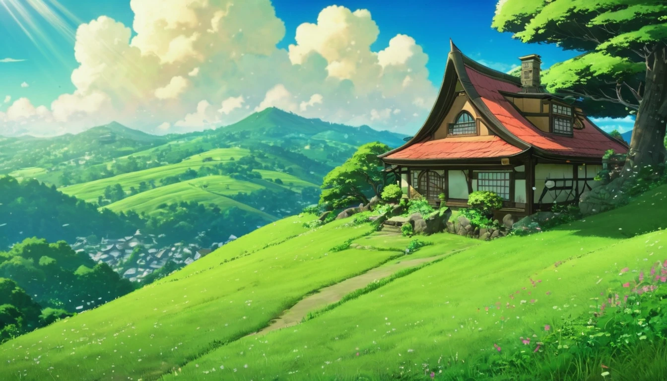 (anime, fantasy, from studio Ghibli), (best quality, high resolution, depth of filed, HDR:1.2), (a humble small house in the hill, overlaying hill, trees, green), A mesmerizing fantasy with enchanting elements blending seamlessly, fantastical landscapes, vibrant colors, majestic, magical atmosphere, beautiful, extremely detailed, intricate, delicate, serene fantasy, bokeh, cinematic lighting, 8k, high quality