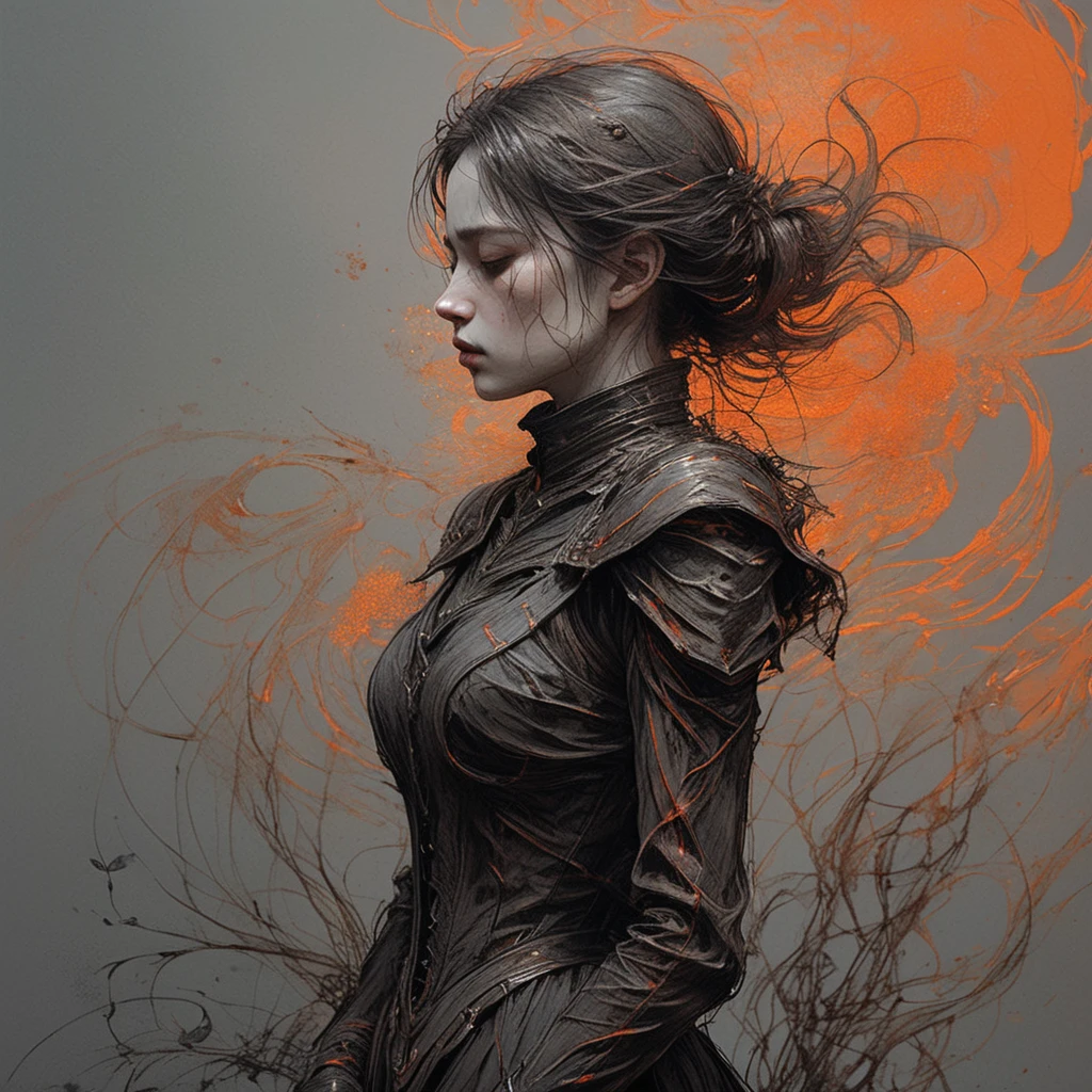 linquivera,coquelicot, beautiful woman, sorrowful expression, faded elegance, poignant atmosphere, lost beauty, melancholic aura, hauntingly captivating, timeless grief, stark contrast, delicate decay,line art,backlighting,wind,backlighting,stardust,(wind:1.2),knight,orange blood