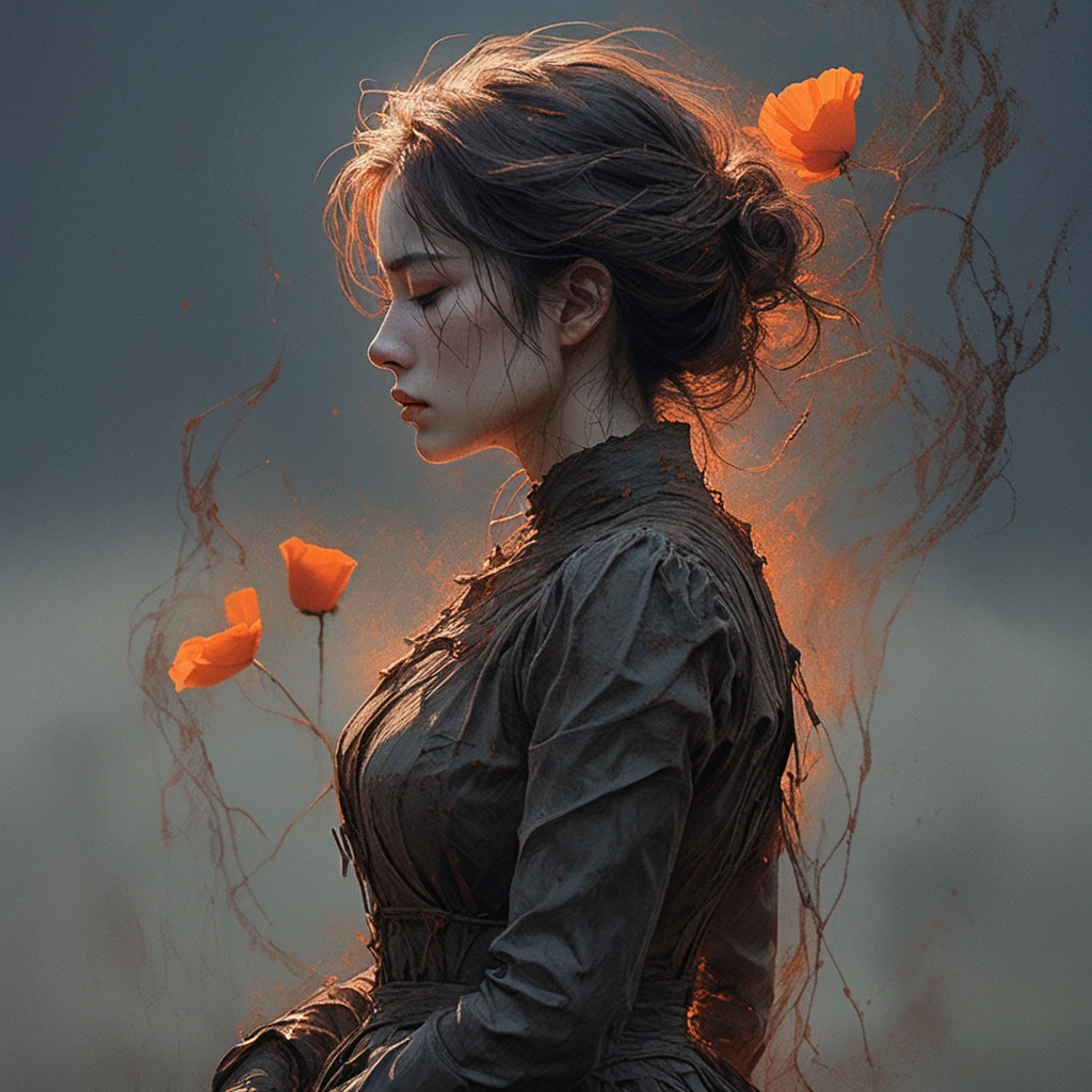 linquivera,coquelicot, beautiful woman, sorrowful expression, faded elegance, poignant atmosphere, lost beauty, melancholic aura, hauntingly captivating, timeless grief, stark contrast, delicate decay,line art,backlighting,wind,backlighting,stardust,(wind:1.2),knight,orange blood