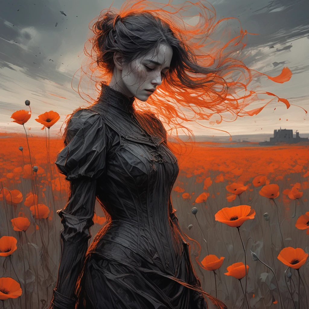 linquivera,coquelicot, beautiful woman, sorrowful expression, faded elegance, poignant atmosphere, lost beauty, melancholic aura, hauntingly captivating, timeless grief, stark contrast, delicate decay,line art,backlighting,wind,backlighting,stardust,(wind:1.2),knight,orange blood