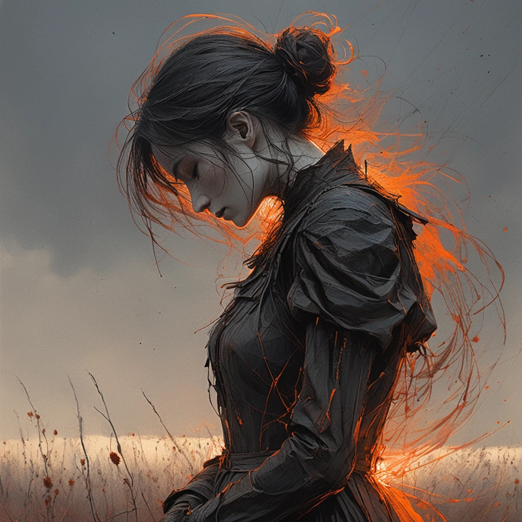 linquivera,coquelicot, beautiful woman, sorrowful expression, faded elegance, poignant atmosphere, lost beauty, melancholic aura, hauntingly captivating, timeless grief, stark contrast, delicate decay,line art,backlighting,wind,backlighting,stardust,(wind:1.2),knight,orange blood