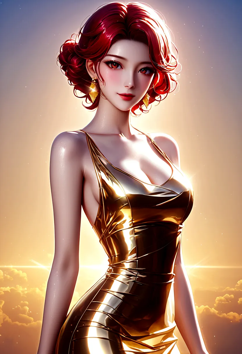 1 Girl, Korean Idol, Red short hair, Very pale skin, Gold dress, (Extremely detailed CG unity 8k wallpaper), The most beautiful ...