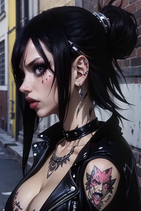 Erza,  transformed into a punk rock style succubus, punk clothes, aretes, tongue and nose piercings, Bblack hair}