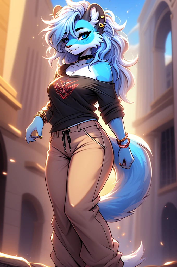 cel shading, detailed eyes, best quality, highly detailed, masterpiece, best quality, solo female, [eyelashes], leopard fursona, white long hair, pastel blue fur, blue eyes, blunt bangs, messy hair, wavy hair, pierced ears, messy hair, poofy hair, curvy, thick thighs, scene hair, hair over eye, low rise jeans, baggy pants, baggy jeans, ripped jeans, tube top, choker, bead bracelets, 