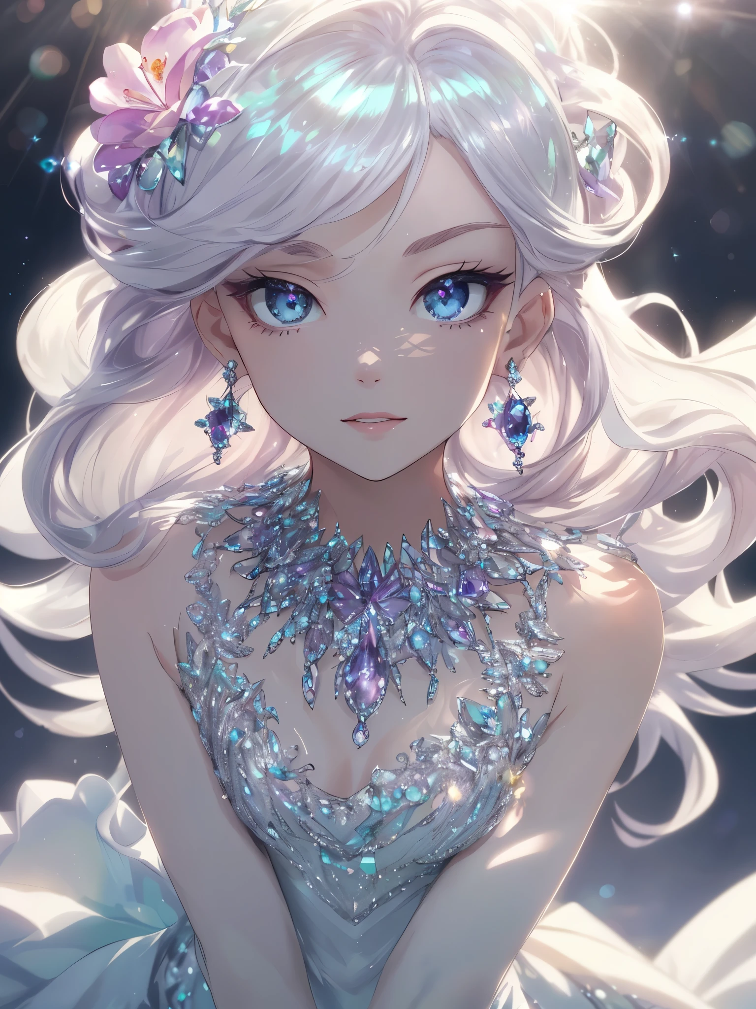 masterpiece, highest quality, figure, alexandrite eyes and hair, platinum earrings, Platinum Necklace, white dress, The Little Mermaid, cute, (dynamic lighting:1.2), cinematic lighting, delicate features, fine eyes, sharp pupils, realistic student, Depth of bounds written, Bokeh, sharp focus, (very detailed, bloom, shine:1.4), Many Small Gems