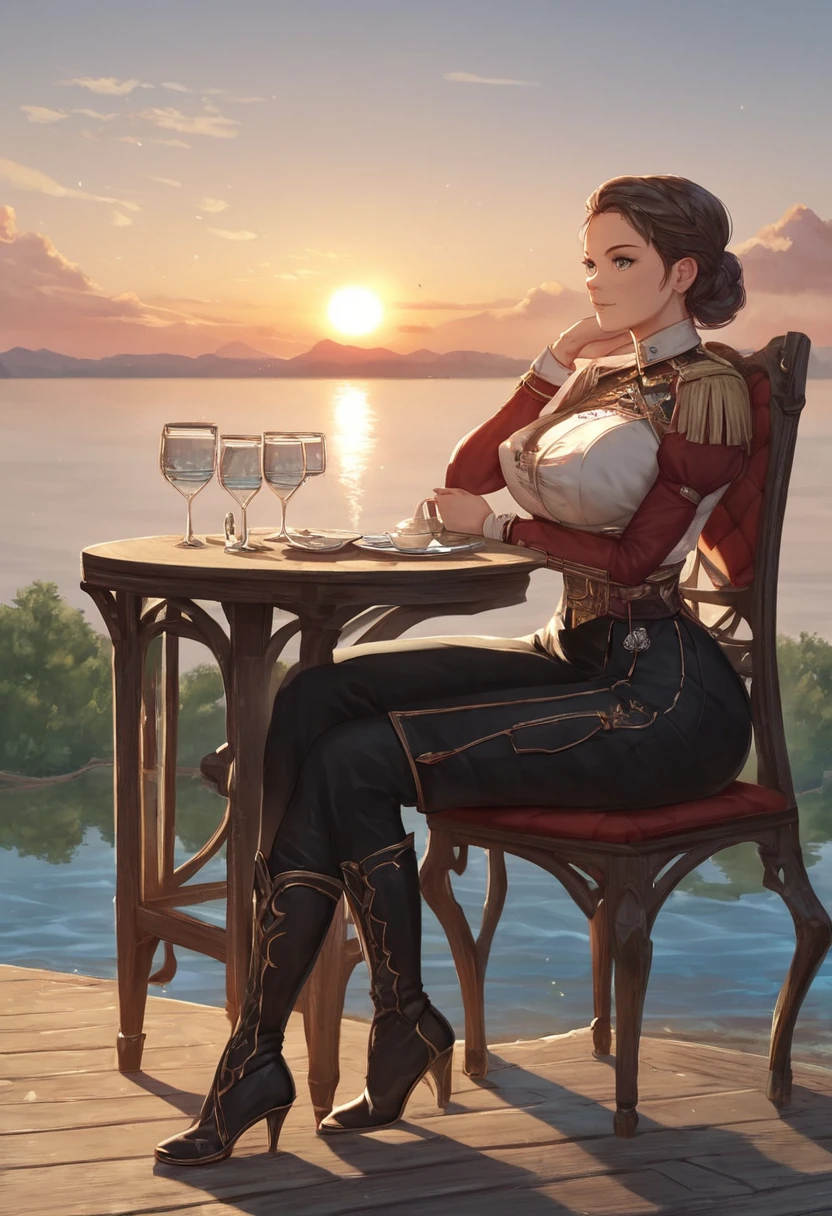  IncrsNikkeProfile, score_9, score_8_up, score_7_up, 1girl, solo, masterpiece, best quality, detailed, narrow waist, wide hips, large breasts, big ass, black pants, Wellingtons, beige blouse, uniform, fantasy, outdoors, lake, table, sitting, terrace, shore, sunset, chair, high boots, epee