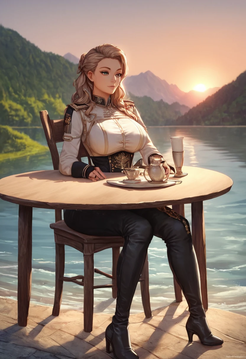  IncrsNikkeProfile, score_9, score_8_up, score_7_up, 1girl, solo, masterpiece, best quality, detailed, narrow waist, wide hips, large breasts, big ass, black pants, Wellingtons, beige blouse, uniform, fantasy, outdoors, lake, table, sitting, terrace, shore, sunset, chair, high boots, epee