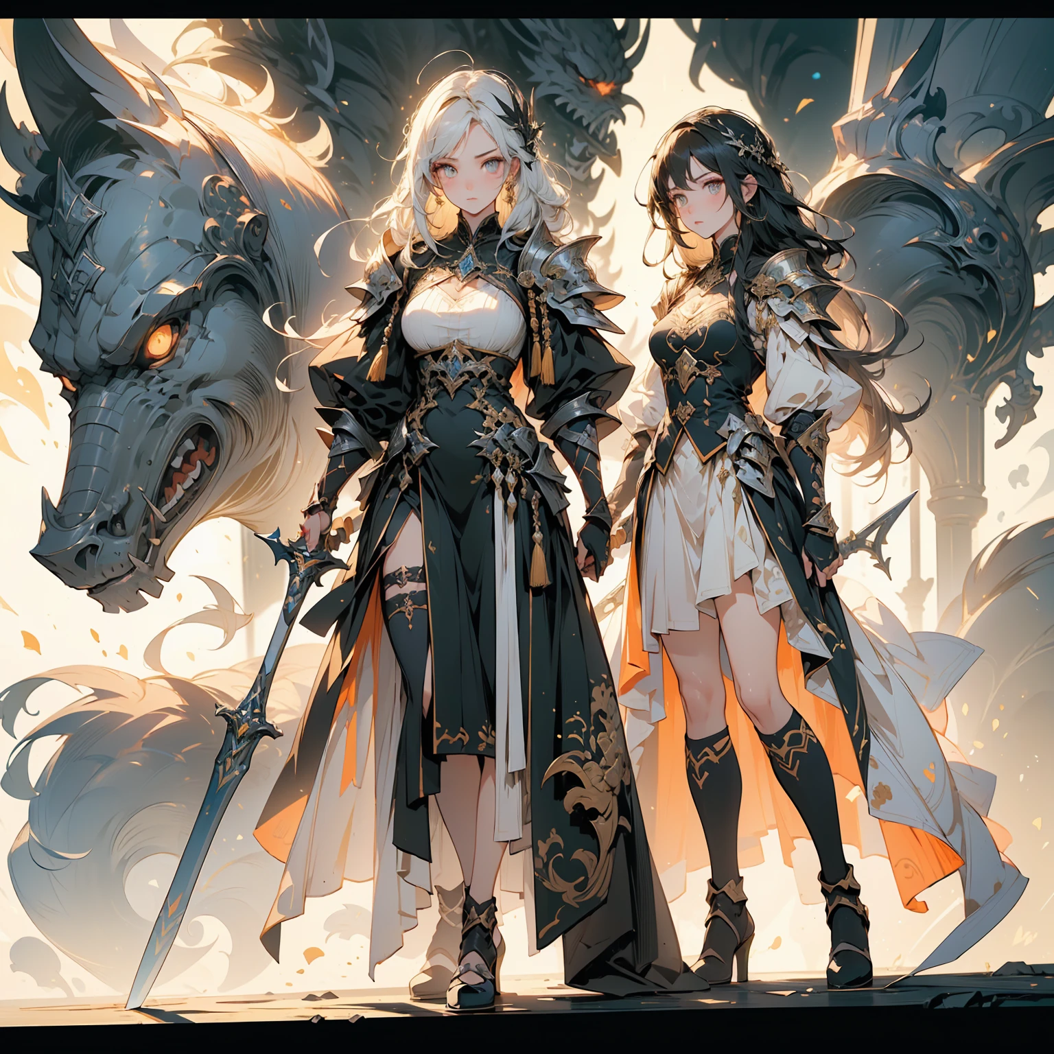 Design a layout showcase Gaming character, (1girl). Golden+Purle clothes, stylish and unique, ((showcase weapon:1.4)), magic staff, (masterpiece:1.2), (best quality), 4k, ultra-detailed, (Step by step design, layout art:1.5), (luminous lighting, atmospheric lighting), magican, ((glove full hands)), (((revealing clothes:1.3))), vambraces, armored legwear, (((full_body_shot:1.4)))