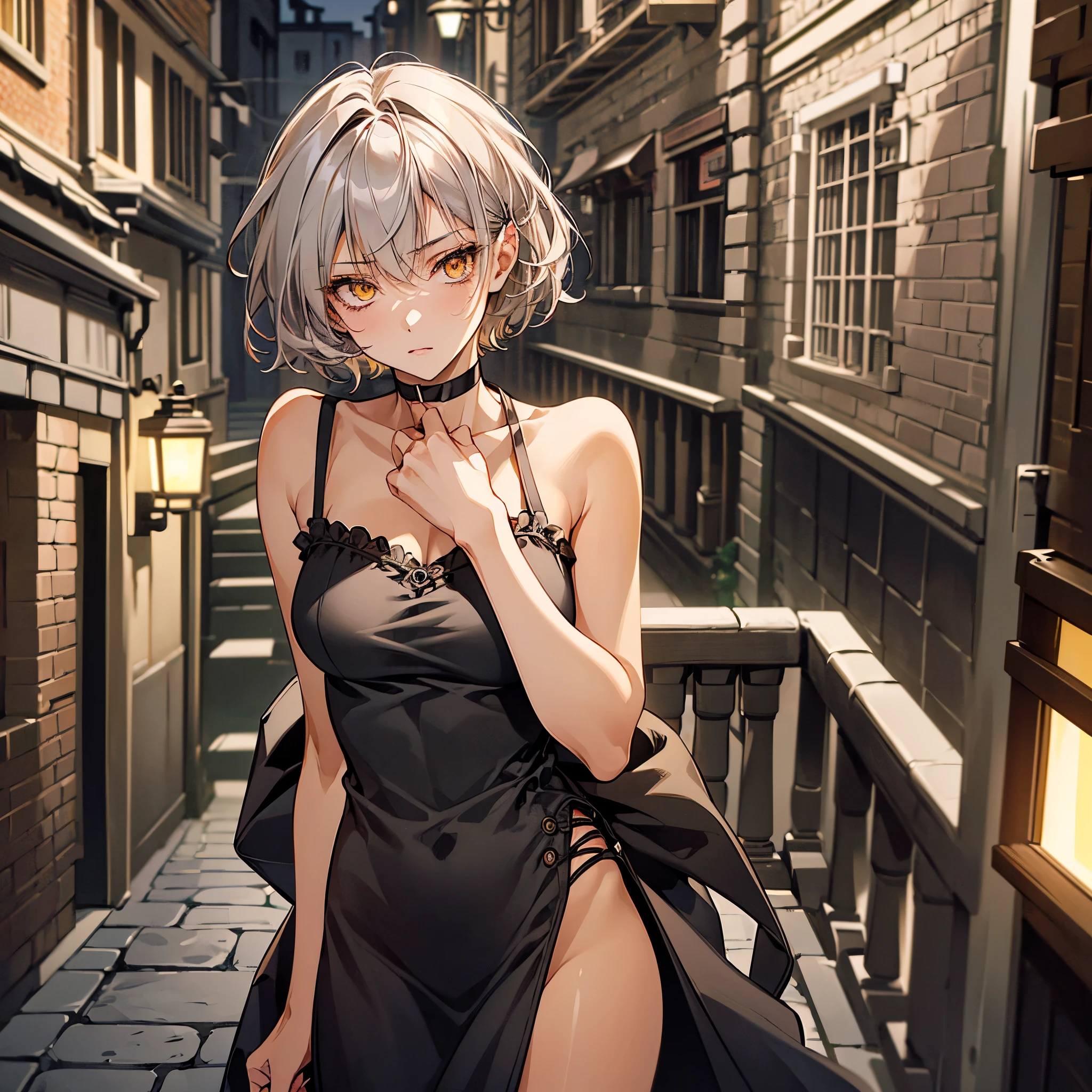 masterpiece, Highest quality, Perfect Face, Highest Resolution, Highest quality,Detailed depiction of the eyes, 1 girl, young, slender body, Short, deep tan skin, slate gray hair, short hair, upturned eyes, Yellow Orange eyes, Perfect Anatomy, steampunk, ribbon choker, Work clothes, Pistol, Shoot a gun, city, alley, night