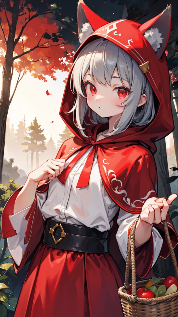 grace，Cool girl，Handsome girl，little Red Riding Hood，Red Cape，Red hood斗篷，Forest Background，Forest Background，Hooded girl with a basket，Wave Girl，Wolf Ear Girl，Wolf Ear Hood，Red hood，Close-up above the waist