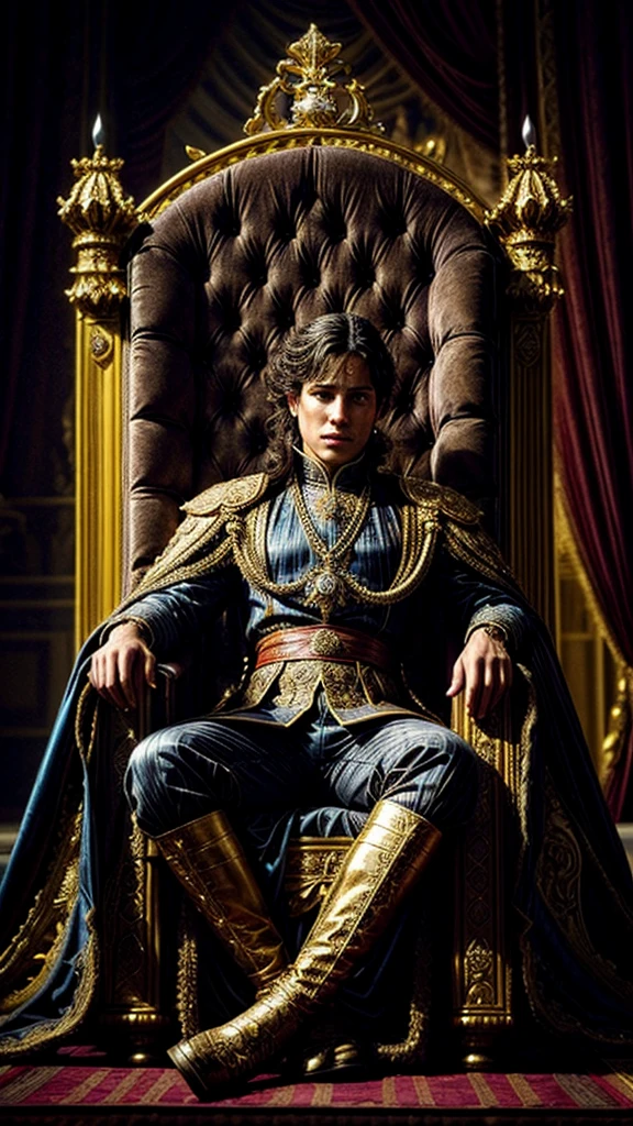 A young ruler on the throne of power, loyal servant, detailed portrait, intricate royal attire, opulent throne room, dramatic lighting, cinematic composition, masterpiece, photorealistic, 8k, best quality, ultra-detailed, highly polished, striking contrasts, vivid colors, baroque inspired, dramatic shadows, regal presence, overwhelming scale, majestic atmosphere, divine and ethereal