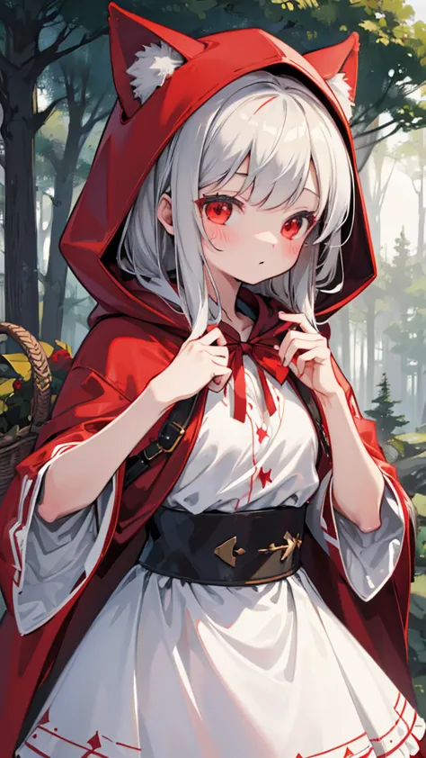 grace，cool girl，handsome girl，little red riding hood，red cape，red hood斗篷，forest background，forest background，hooded girl with a ...